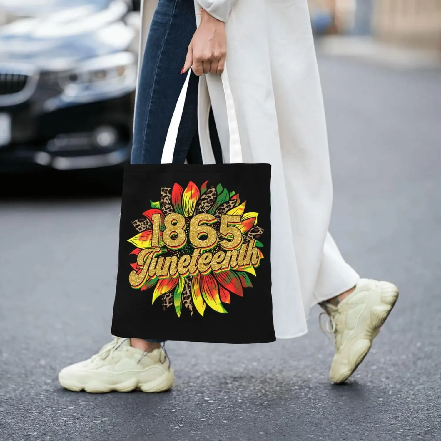 Juneteenth Black Month Lip Kiss Sunflower Tote Bag Reusable Shoulder Tote Bag For Women Lady Vacation, Shopping, Work