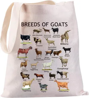 JYTAPP Goat Knowledge Bag Breeds Of Goats Canvas Tote Bag for Goat Lovers Goat Farmer Gift Goat Mom Reusable Grocery Bag