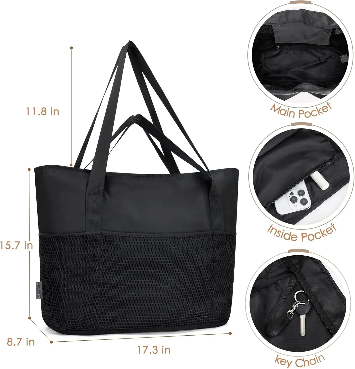 KABAQOO Large Beach Bag Waterproof Sandproof Tote Bag for Women with Zipper & Mesh Pockets for Pool Swim Travel Everyday