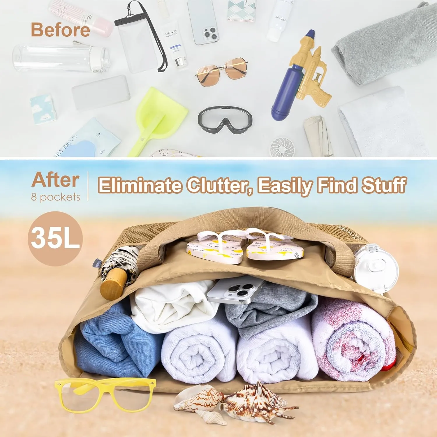 KABAQOO Large Beach Bag Waterproof Sandproof Tote Bag for Women with Zipper & Mesh Pockets for Pool Swim Travel Everyday