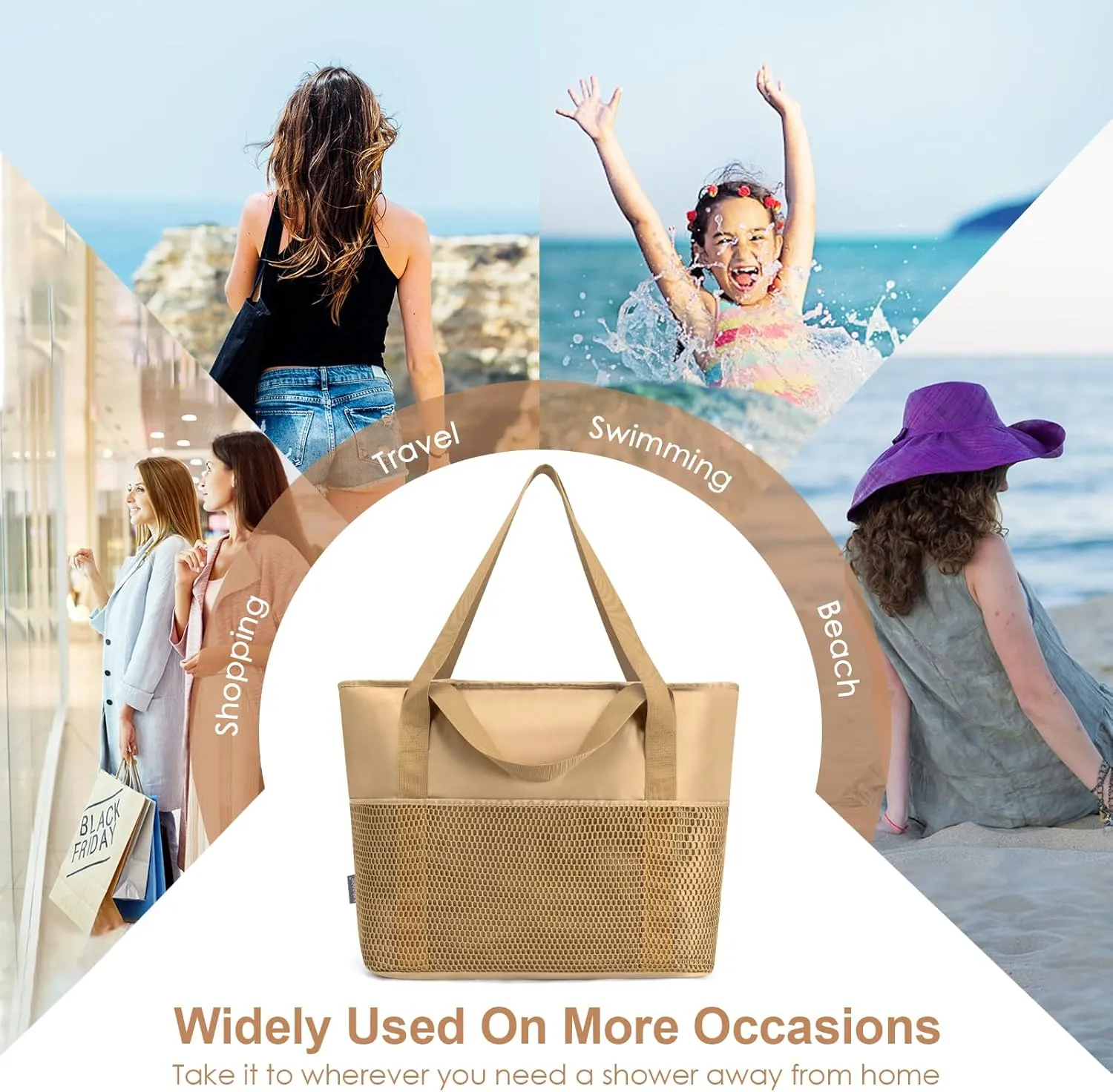KABAQOO Large Beach Bag Waterproof Sandproof Tote Bag for Women with Zipper & Mesh Pockets for Pool Swim Travel Everyday