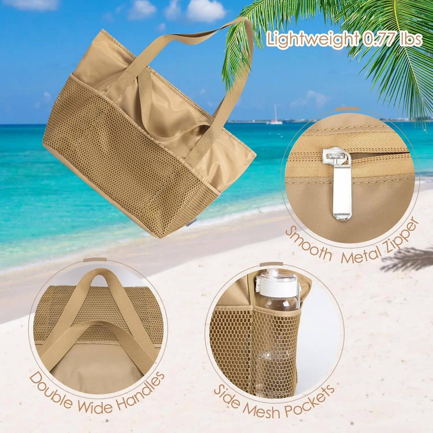 KABAQOO Large Beach Bag Waterproof Sandproof Tote Bag for Women with Zipper & Mesh Pockets for Pool Swim Travel Everyday