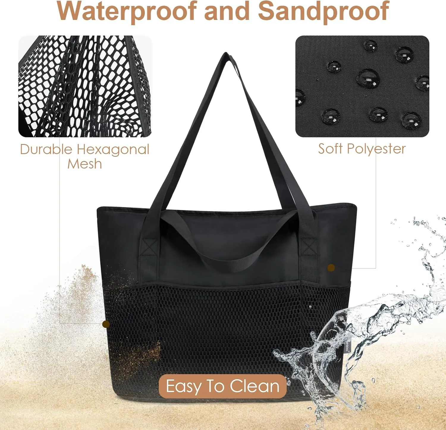 KABAQOO Large Beach Bag Waterproof Sandproof Tote Bag for Women with Zipper & Mesh Pockets for Pool Swim Travel Everyday