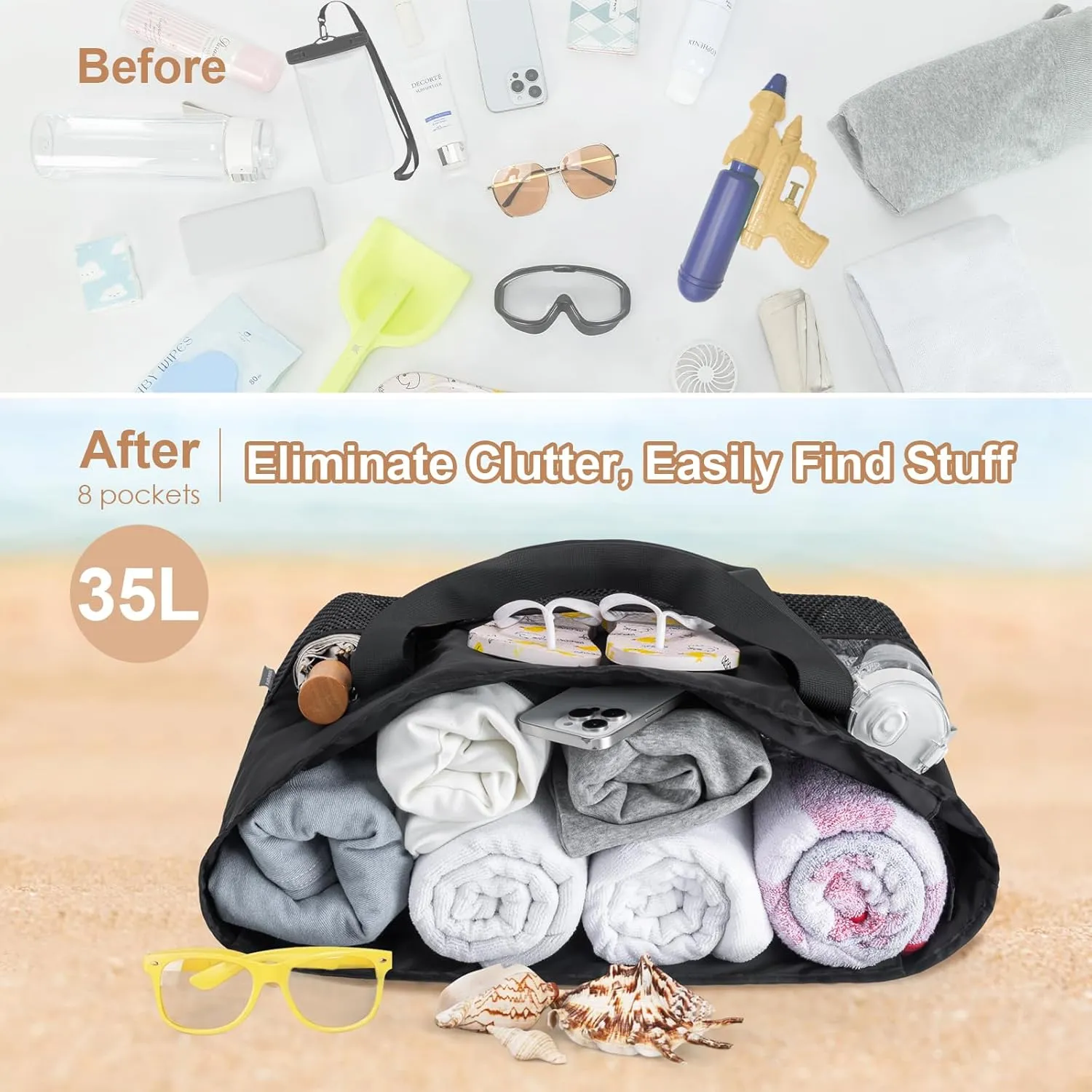 KABAQOO Large Beach Bag Waterproof Sandproof Tote Bag for Women with Zipper & Mesh Pockets for Pool Swim Travel Everyday