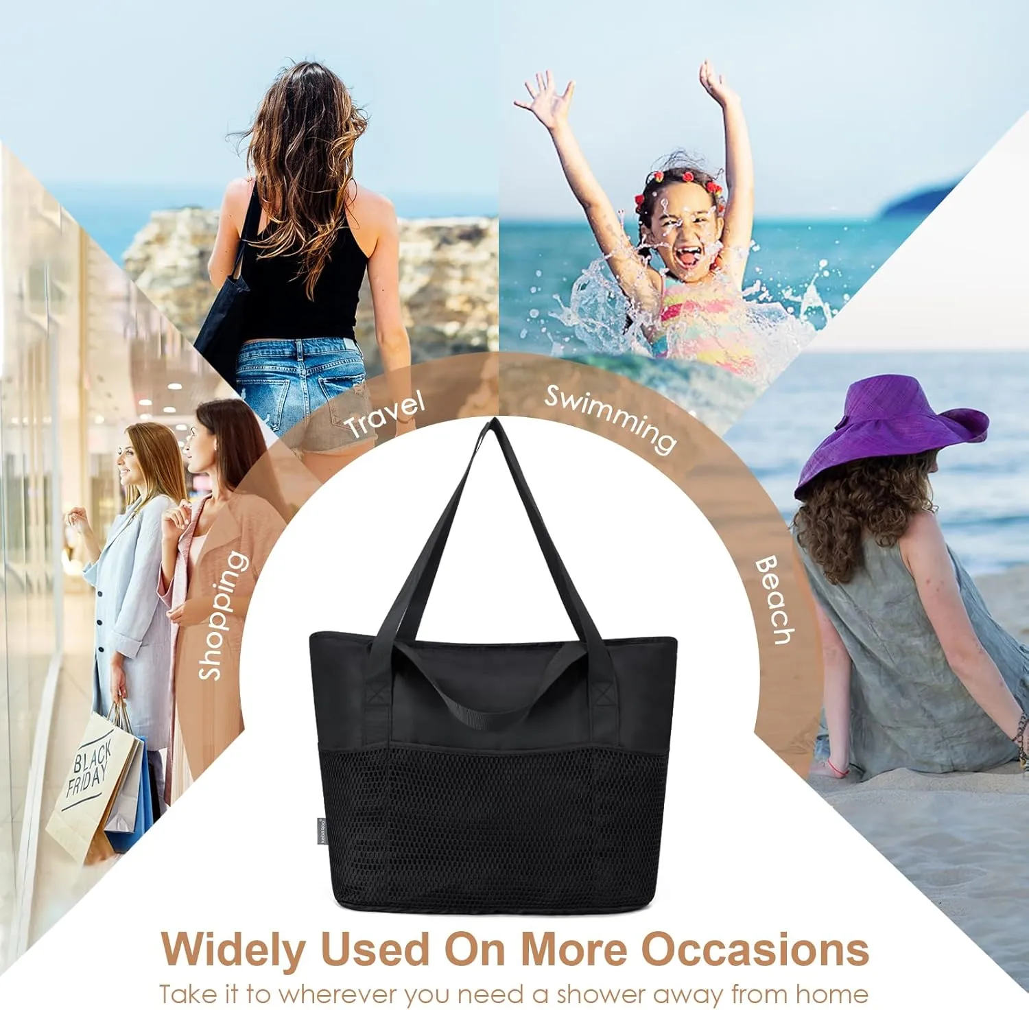 KABAQOO Large Beach Bag Waterproof Sandproof Tote Bag for Women with Zipper & Mesh Pockets for Pool Swim Travel Everyday