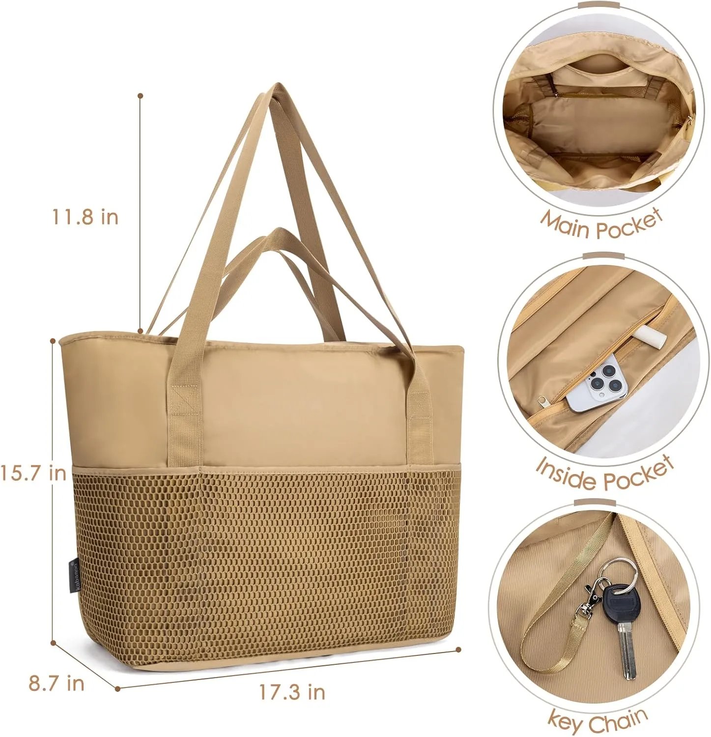 KABAQOO Large Beach Bag Waterproof Sandproof Tote Bag for Women with Zipper & Mesh Pockets for Pool Swim Travel Everyday