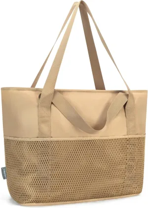 KABAQOO Large Beach Bag Waterproof Sandproof Tote Bag for Women with Zipper & Mesh Pockets for Pool Swim Travel Everyday