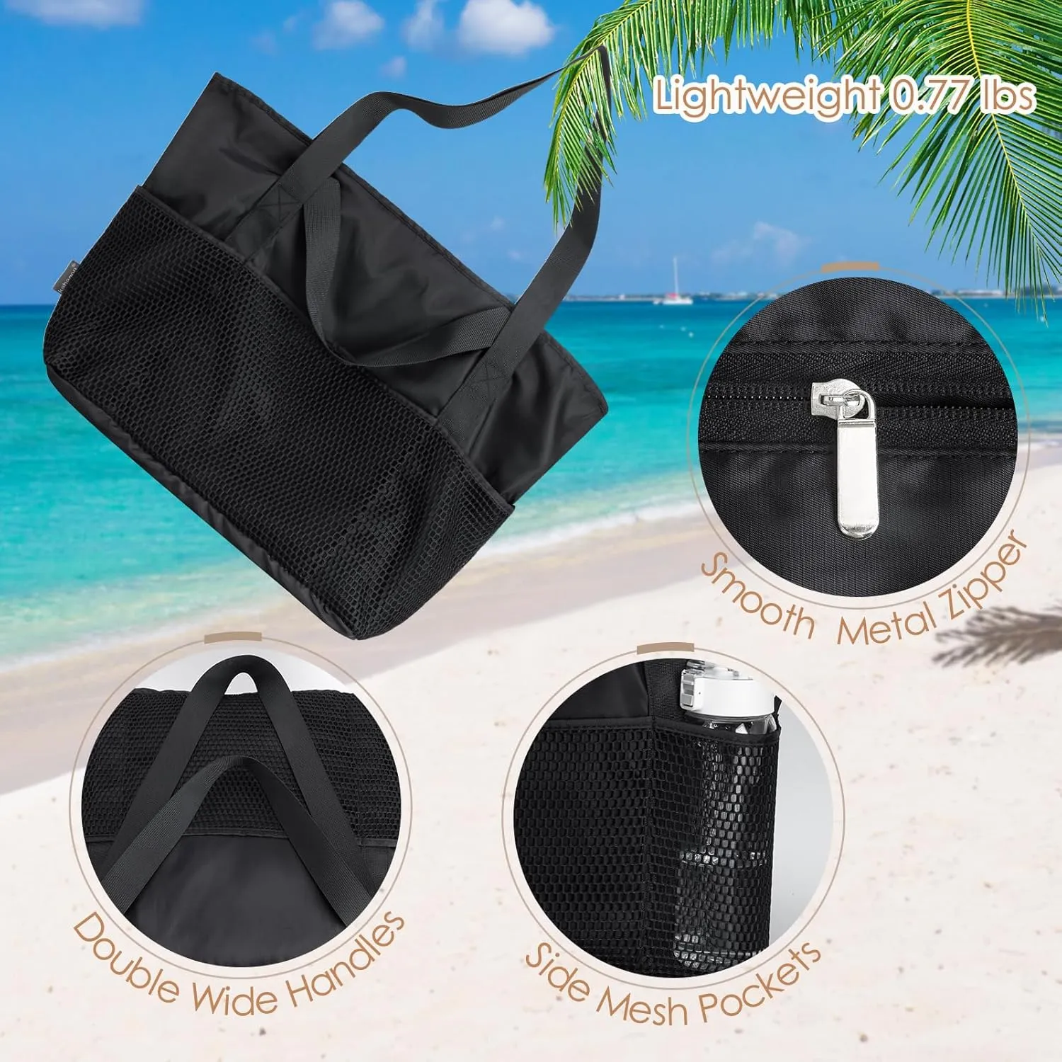KABAQOO Large Beach Bag Waterproof Sandproof Tote Bag for Women with Zipper & Mesh Pockets for Pool Swim Travel Everyday