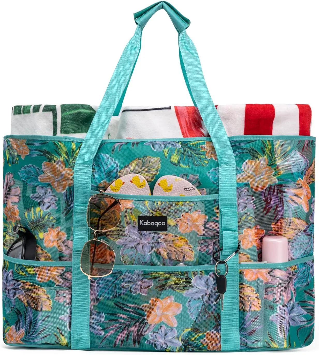 KABAQOO Mesh Beach Bag, Extra Large Beach Bags with 9 Pockets & Zipper Waterproof Lightweight Beach Tote for Beach/Pool Trip