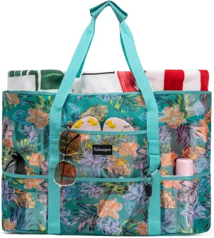 KABAQOO Mesh Beach Bag, Extra Large Beach Bags with 9 Pockets & Zipper Waterproof Lightweight Beach Tote for Beach/Pool Trip