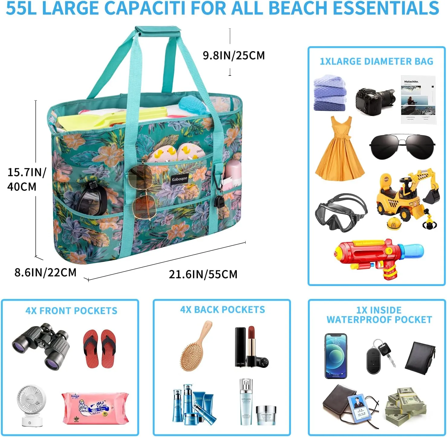 KABAQOO Mesh Beach Bag, Extra Large Beach Bags with 9 Pockets & Zipper Waterproof Lightweight Beach Tote for Beach/Pool Trip