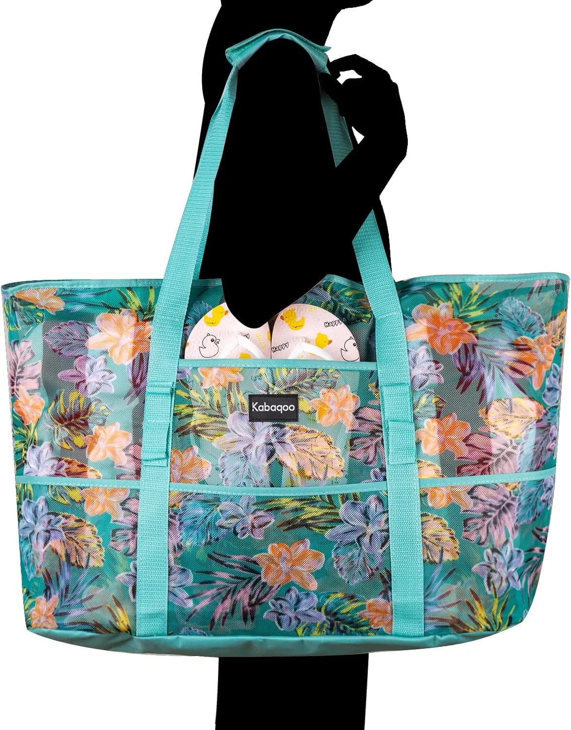 KABAQOO Mesh Beach Bag, Extra Large Beach Bags with 9 Pockets & Zipper Waterproof Lightweight Beach Tote for Beach/Pool Trip