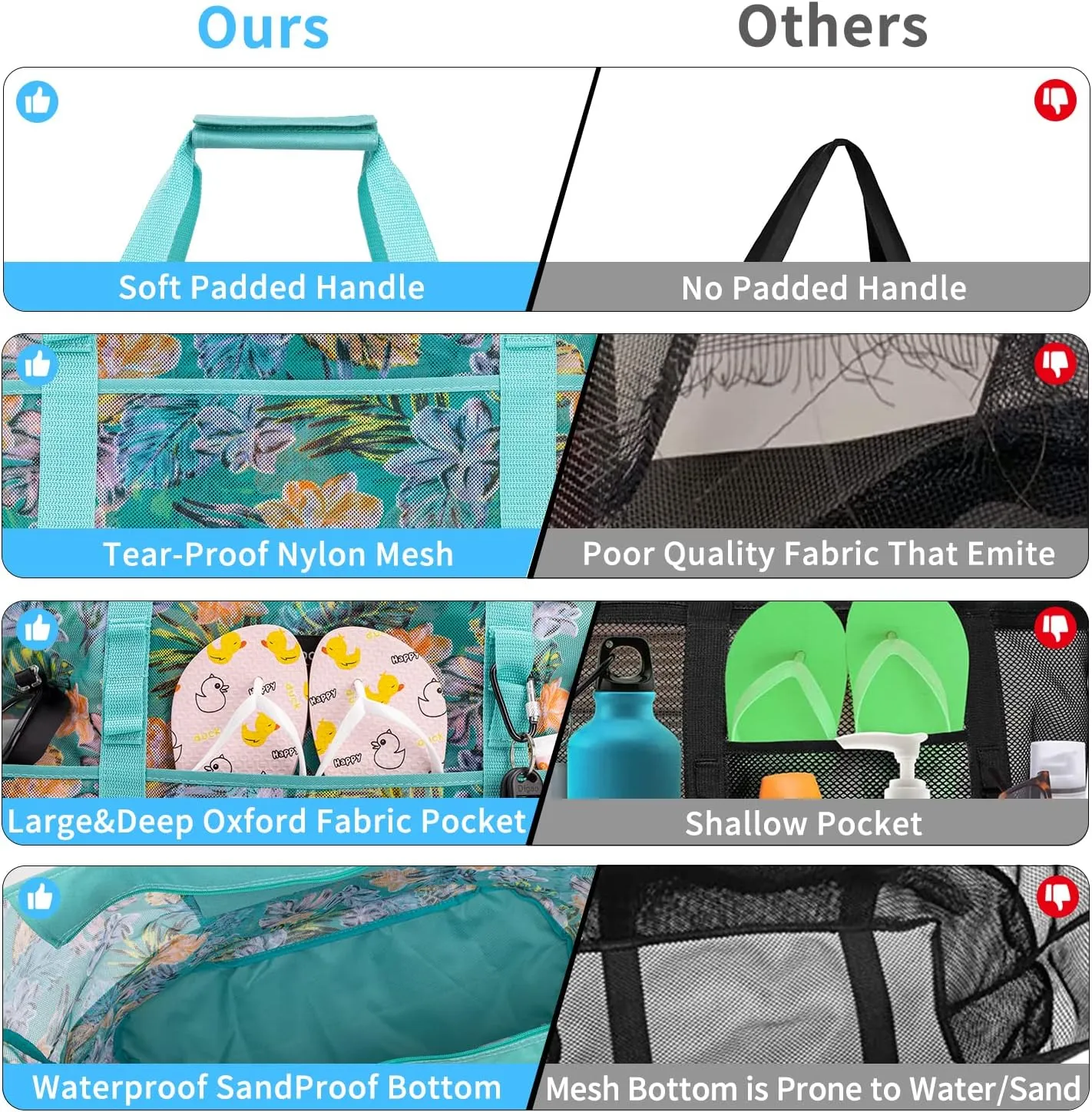 KABAQOO Mesh Beach Bag, Extra Large Beach Bags with 9 Pockets & Zipper Waterproof Lightweight Beach Tote for Beach/Pool Trip