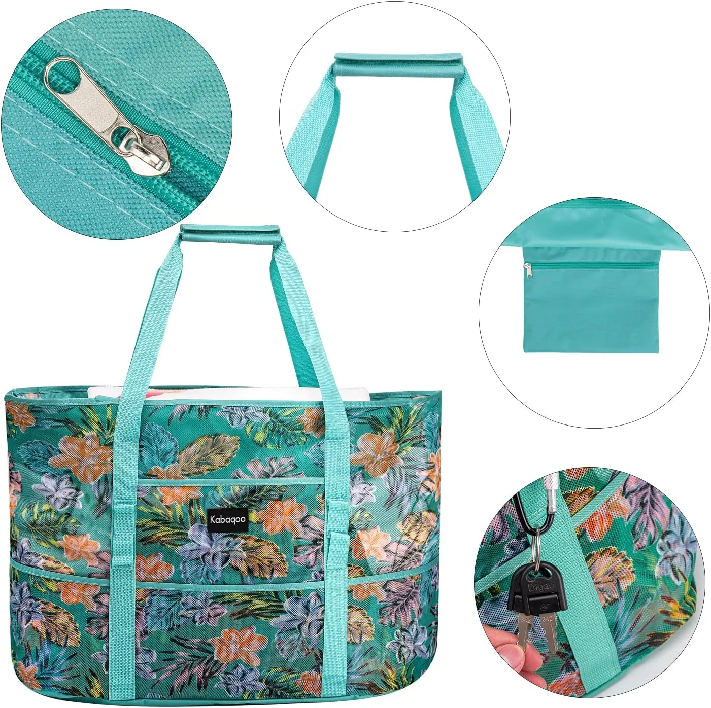 KABAQOO Mesh Beach Bag, Extra Large Beach Bags with 9 Pockets & Zipper Waterproof Lightweight Beach Tote for Beach/Pool Trip