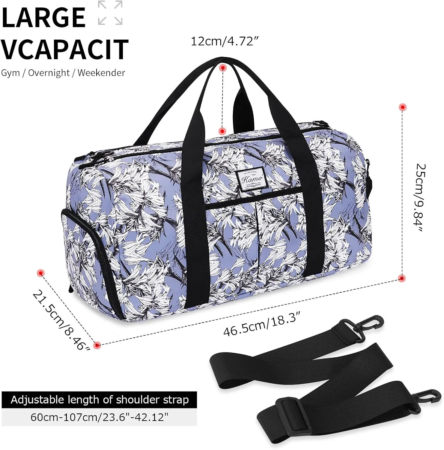 KAMO Travel Duffle Bag, Weekender Bags for Women with Shoe Compartment, Gym Bag for Women with Wet Pocket Workout Dance Tote Bag Personal Item Travel Bag with Trolley Sleeve