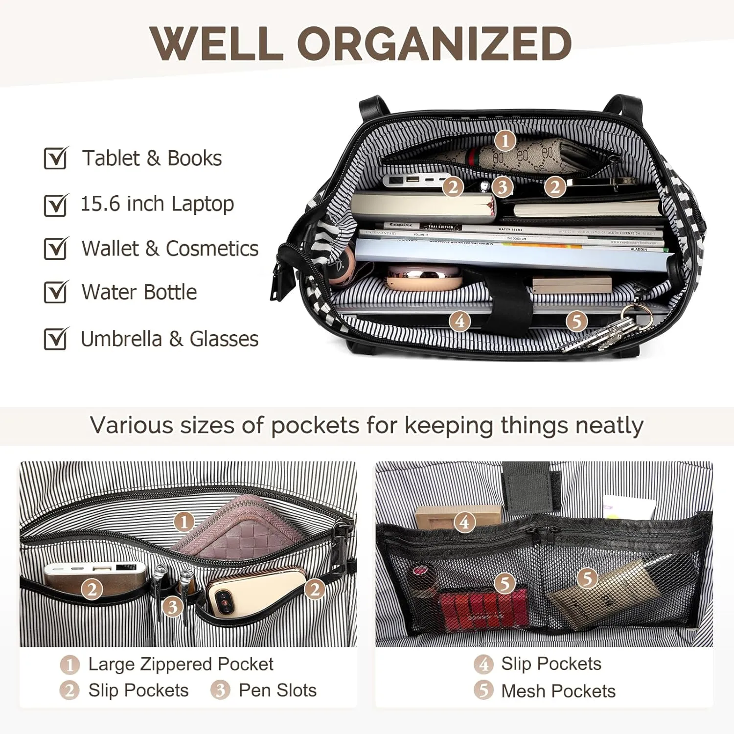 Kasqo Laptop Tote Bag for Women, 15.6" Water Resistant Shockproof Large Shoulder Work Teacher Bag with Luggage Sleeve