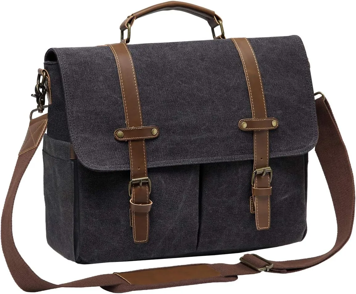Kasqo Mens Messenger Bag, 15.6 Inch Water resistence Vintage Canvas Briefcase Satchel Bag Shoulder Work Bag Padded Shockpoof