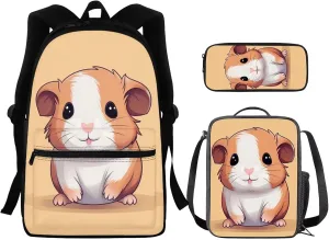 Kawaii Voles Print 3pcs Backpack for Girls 3rd to 5th Grade Casual Tote Bag School Portable Foldable Large Lunch Bag for Children and Mini Pencil Case for Secondary Schools