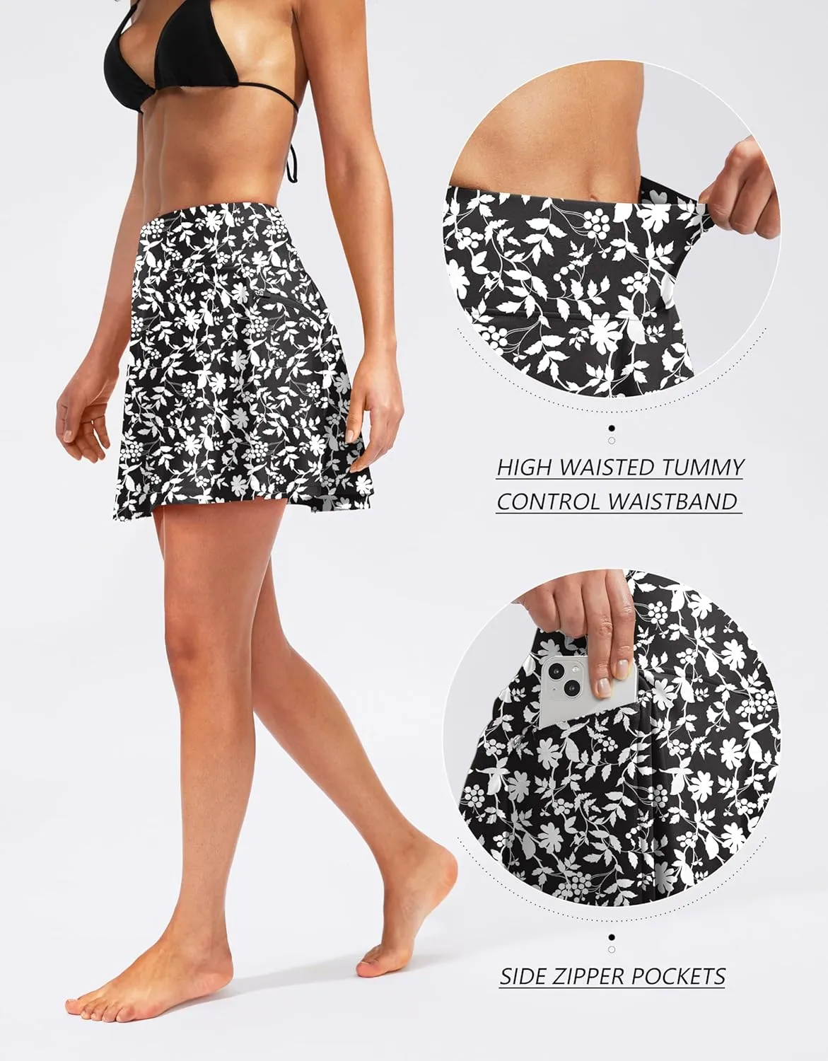 Kayrth Women's High Waisted Swim Skirt with Zipper Pockets Tummy Control Bathing Suit Swimsuit Tankini Bottoms