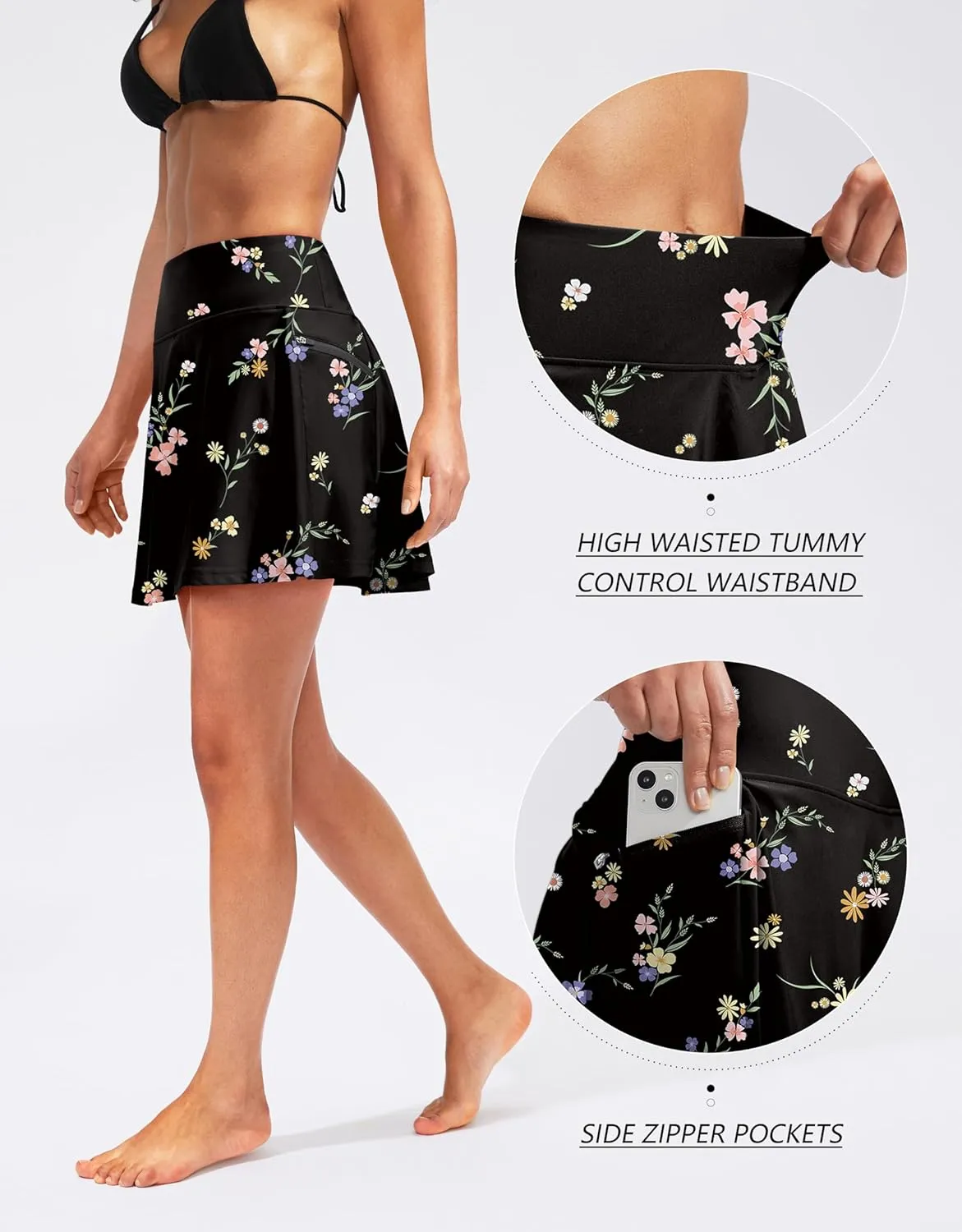 Kayrth Women's High Waisted Swim Skirt with Zipper Pockets Tummy Control Bathing Suit Swimsuit Tankini Bottoms
