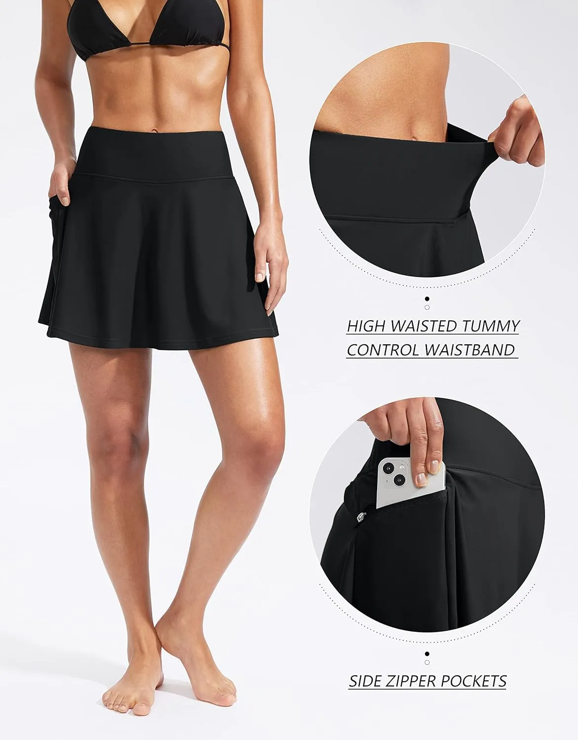 Kayrth Women's High Waisted Swim Skirt with Zipper Pockets Tummy Control Bathing Suit Swimsuit Tankini Bottoms