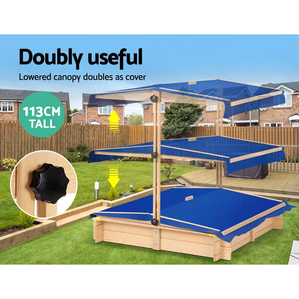 Keezi Kids Sandpit Wooden Sandbox Sand Pit with Canopy Bench Seat Toys 101cm - ONLINE ONLY