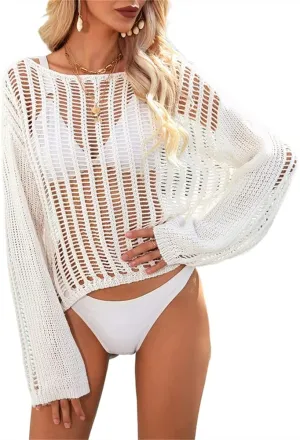 KEOMUD Women Crochet Knit See Through Tops Cover Up Fashion Long Sleeve Crew Neck Short Top