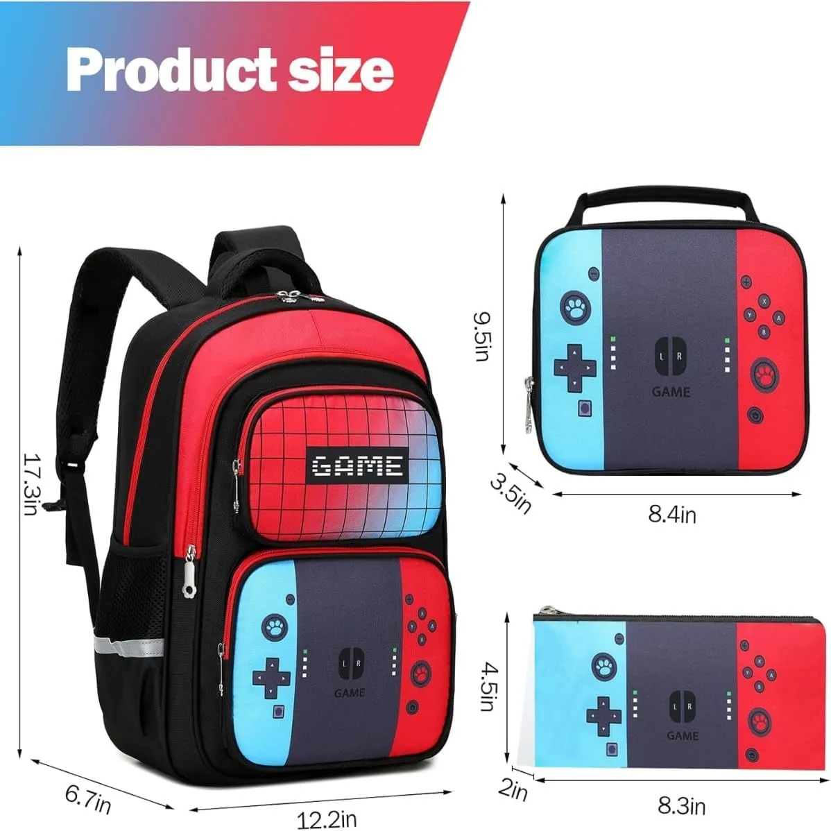 Kids Backpack 3-in-1Boys Backpack with Lunch Bag and Pencil Case for kids Teens Middle School,17″ Large Capacity (GAME)