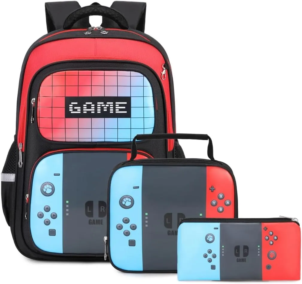 Kids Backpack 3-in-1Boys Backpack with Lunch Bag and Pencil Case for kids Teens Middle School,17″ Large Capacity (GAME)