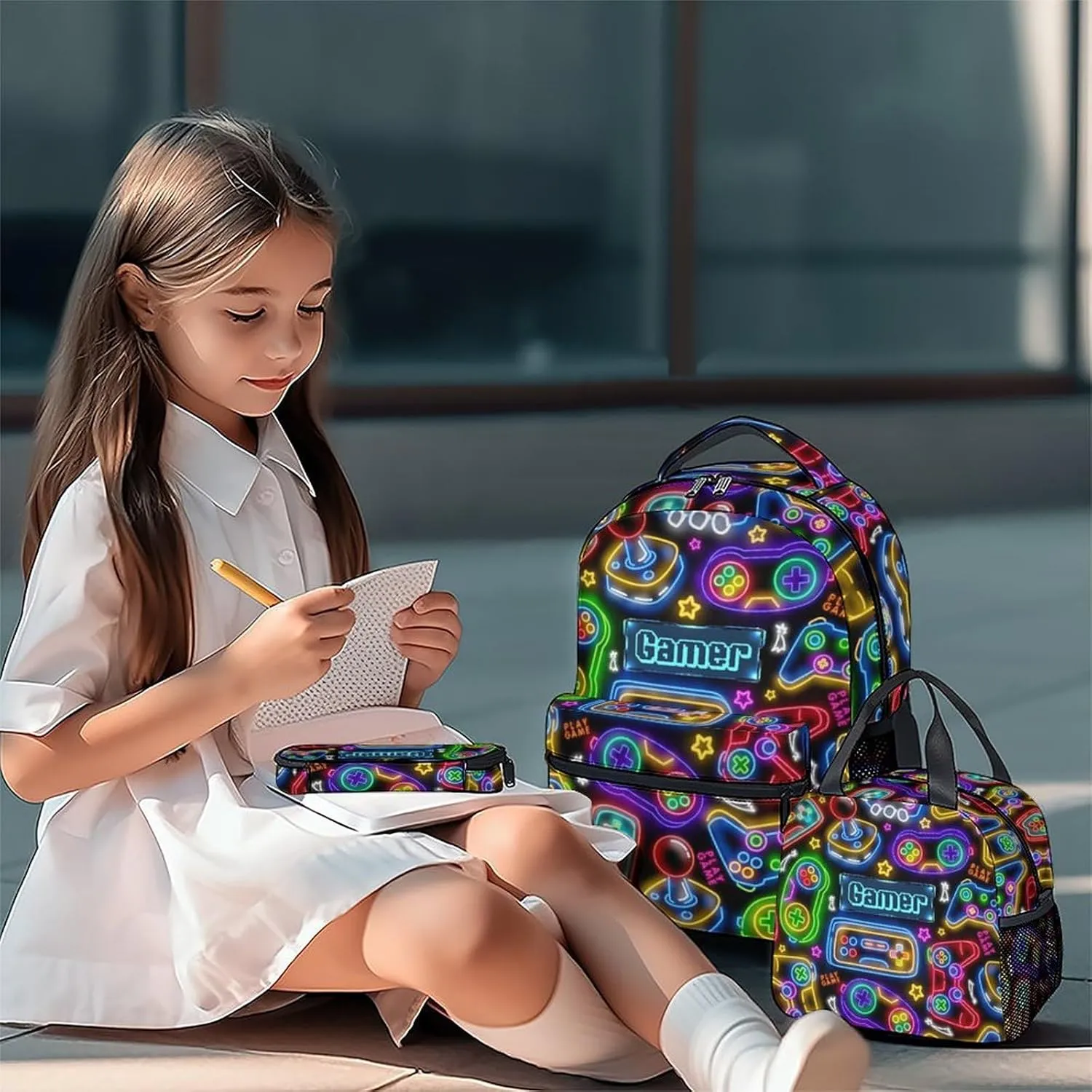 Kids Backpack Boys - Large Capacity School Bags with Lunch Bag Set - Cool Gamer Bookbag for Middle School & Travel - Kid School Supplies