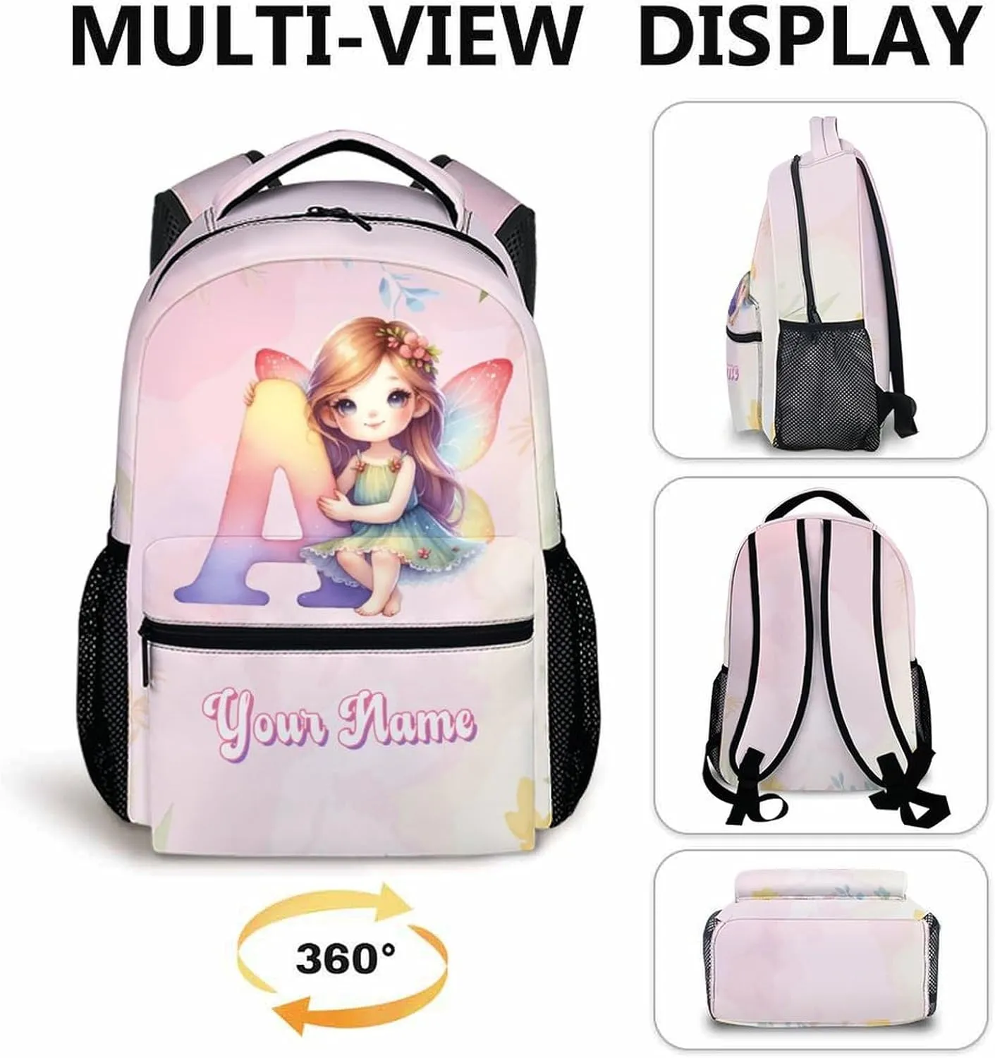 Kids Backpack, Custom Preschool Elementary Kindergarten Backpack, 17 Inch Personalized Fairy Bookbags for Kids, Monogram School Bag for Girls