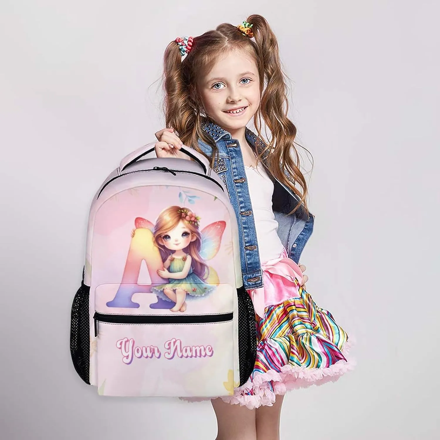 Kids Backpack, Custom Preschool Elementary Kindergarten Backpack, 17 Inch Personalized Fairy Bookbags for Kids, Monogram School Bag for Girls