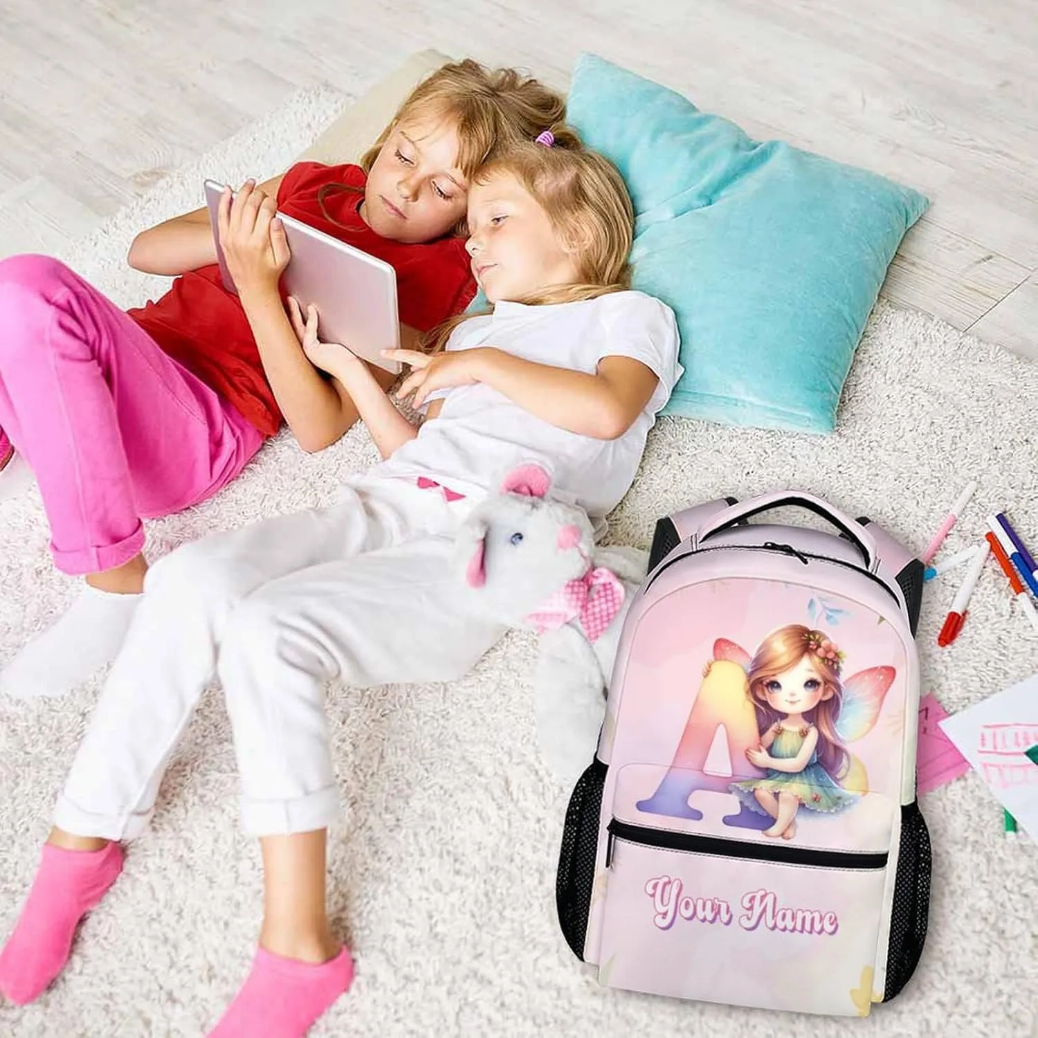 Kids Backpack, Custom Preschool Elementary Kindergarten Backpack, 17 Inch Personalized Fairy Bookbags for Kids, Monogram School Bag for Girls