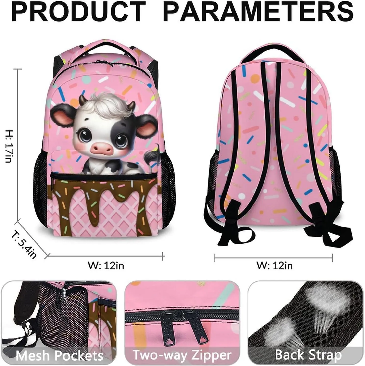 Kids Backpack, Cute Cow Bookbag, 17 Inch Animal Schoolbag Gift, Large Capacity Book Bag for Picnic Vacation School Travel
