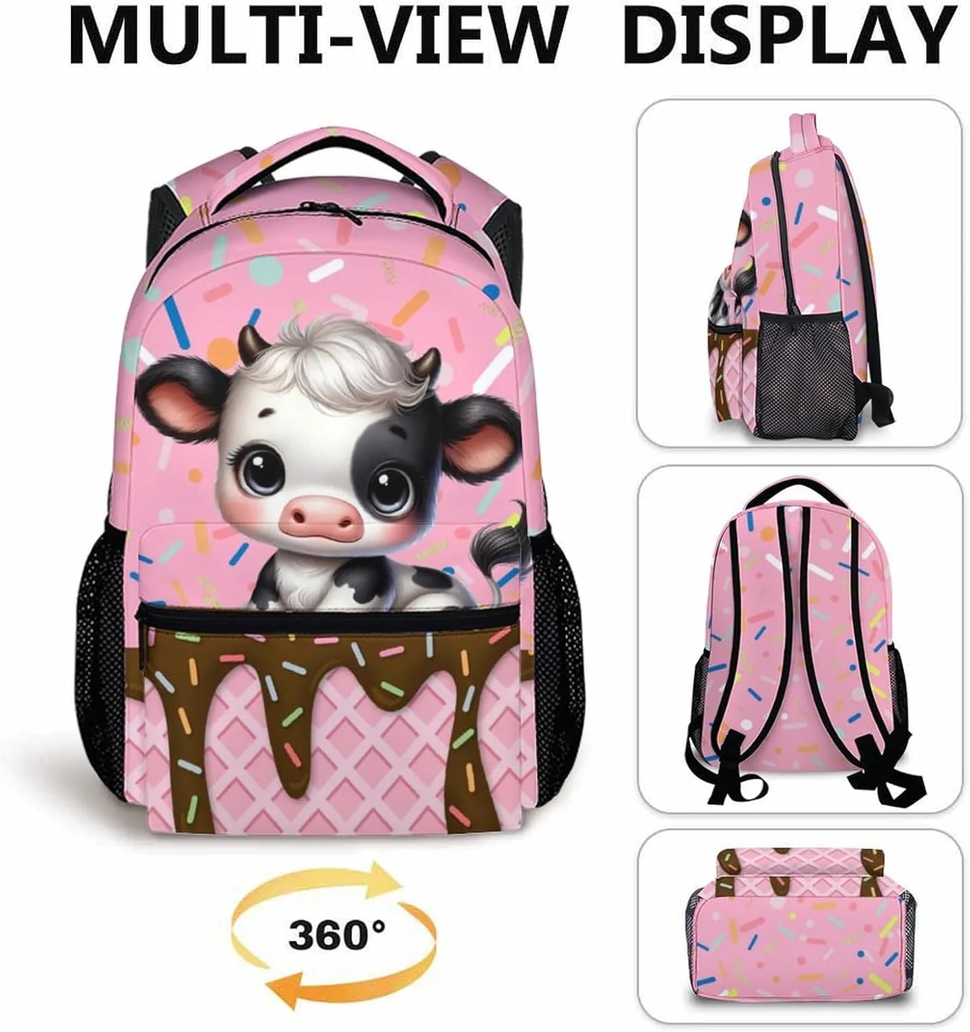 Kids Backpack, Cute Cow Bookbag, 17 Inch Animal Schoolbag Gift, Large Capacity Book Bag for Picnic Vacation School Travel