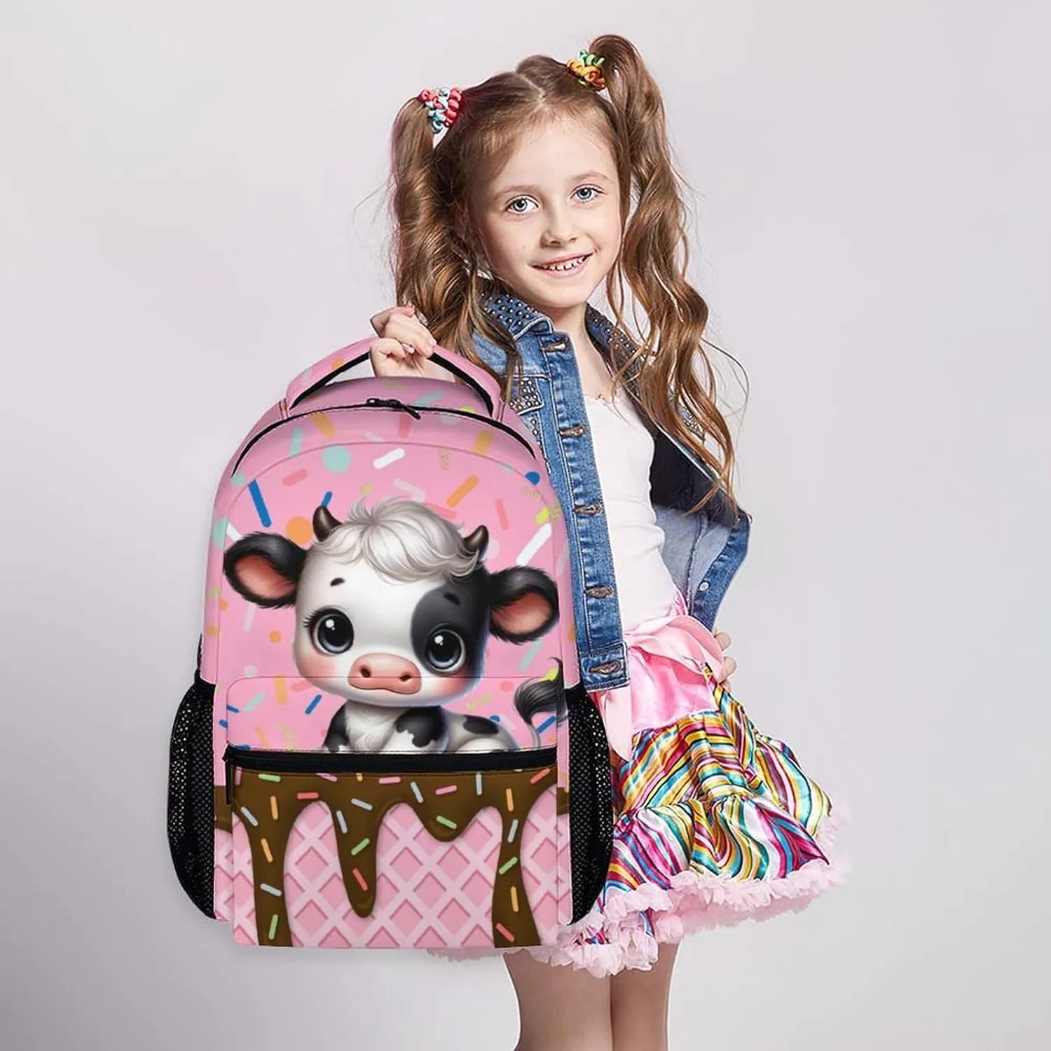 Kids Backpack, Cute Cow Bookbag, 17 Inch Animal Schoolbag Gift, Large Capacity Book Bag for Picnic Vacation School Travel