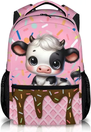 Kids Backpack, Cute Cow Bookbag, 17 Inch Animal Schoolbag Gift, Large Capacity Book Bag for Picnic Vacation School Travel