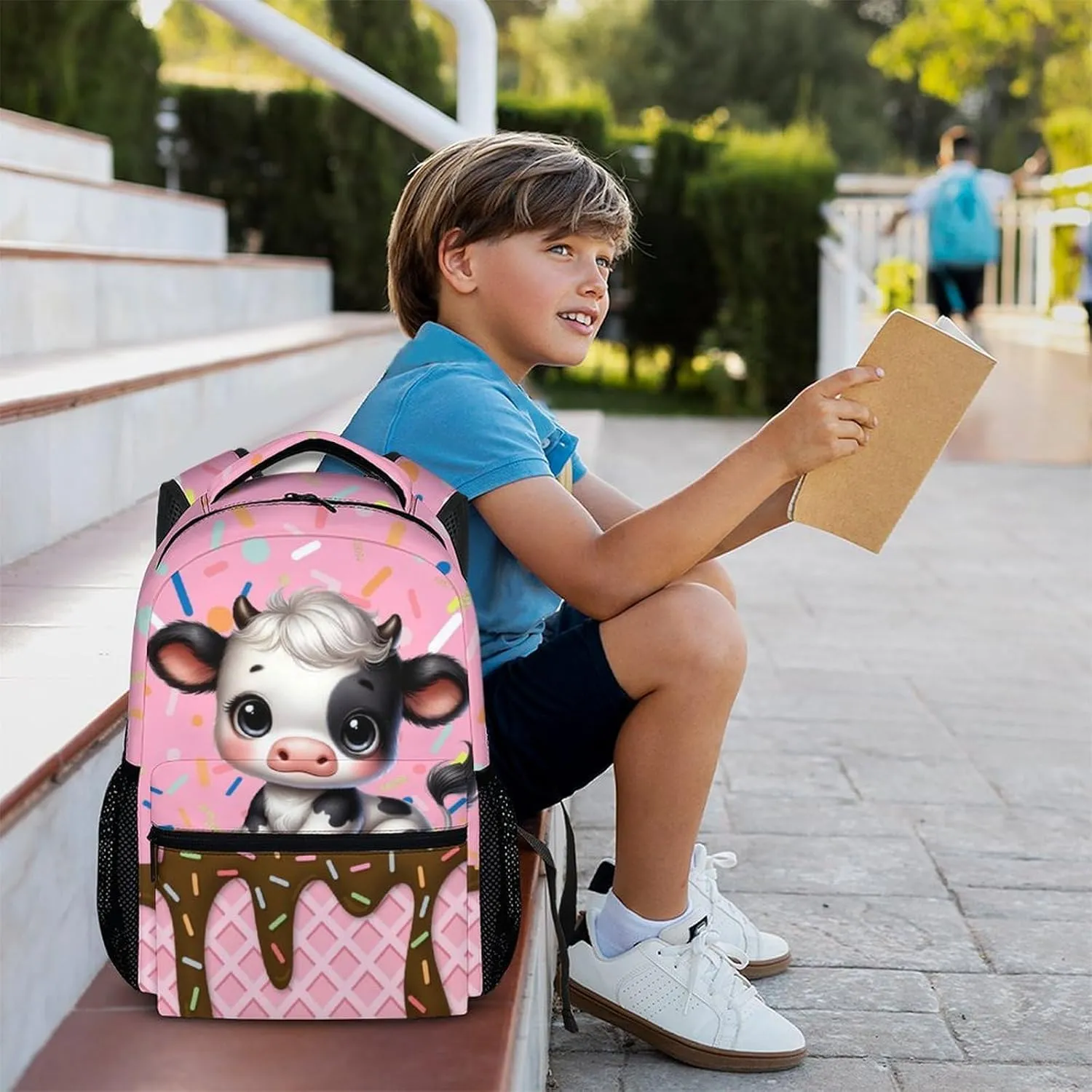 Kids Backpack, Cute Cow Bookbag, 17 Inch Animal Schoolbag Gift, Large Capacity Book Bag for Picnic Vacation School Travel