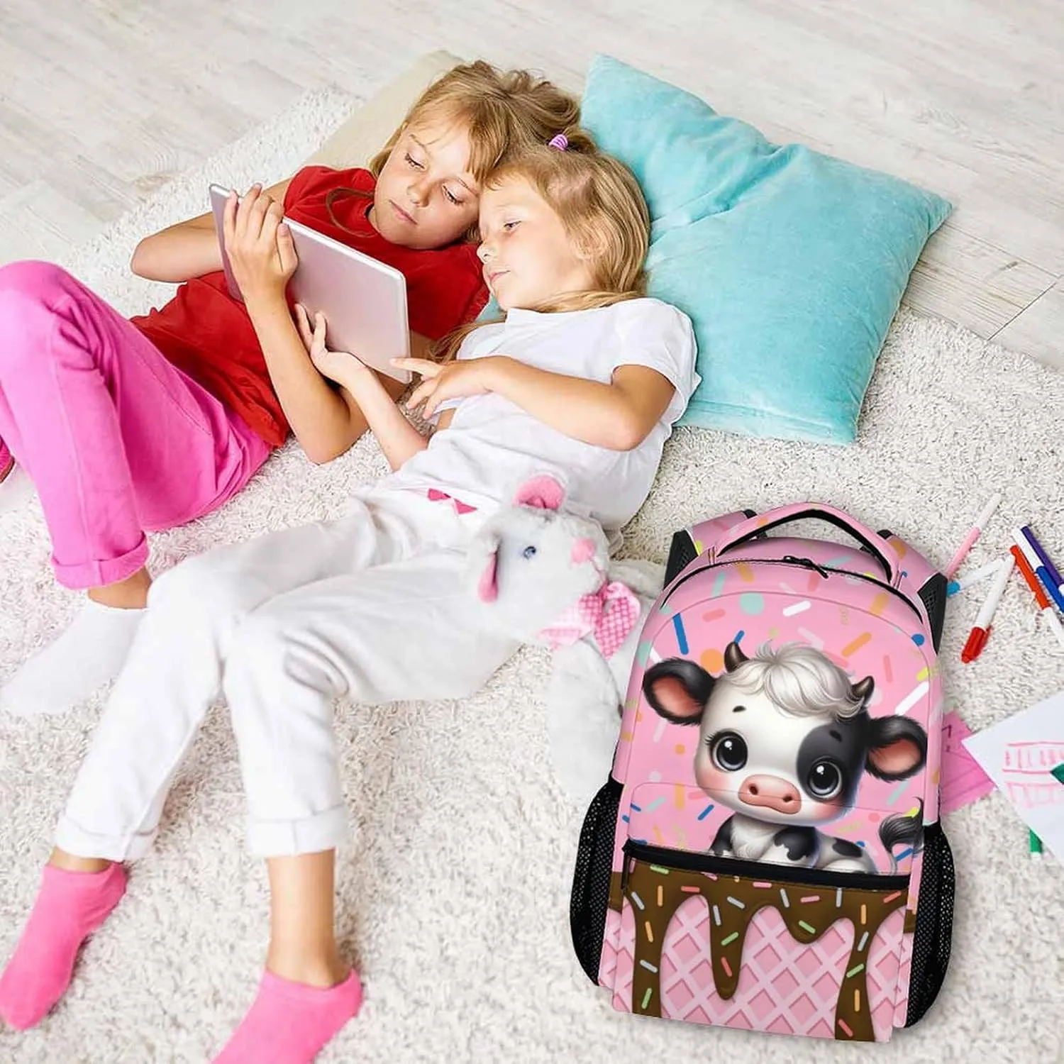 Kids Backpack, Cute Cow Bookbag, 17 Inch Animal Schoolbag Gift, Large Capacity Book Bag for Picnic Vacation School Travel