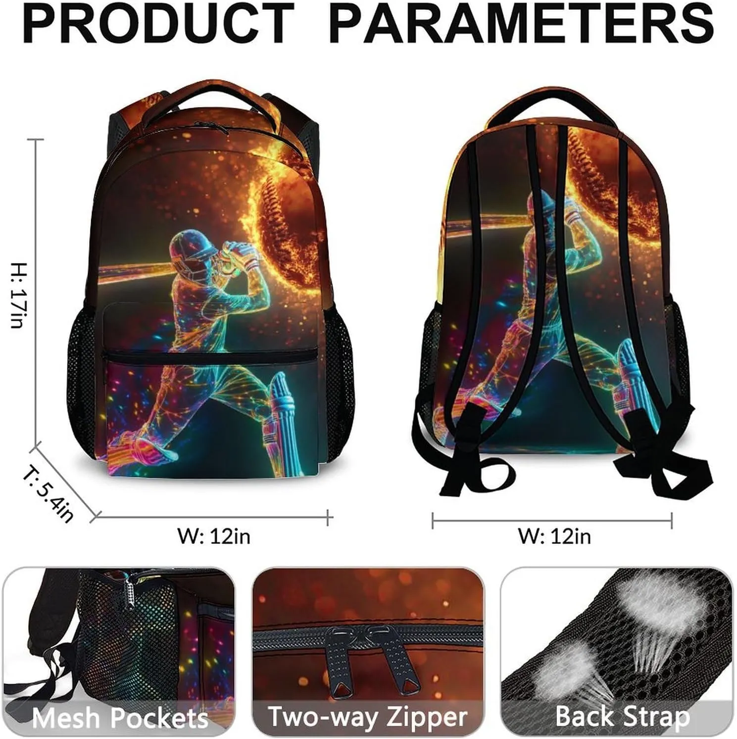 Kids Backpack for Girls Boys, Cool Baseball Schoolbag, Gift for Girls Boys, 17 Inch Student Bookbag for Preschool Elementary Kindergarten Travel Picnic