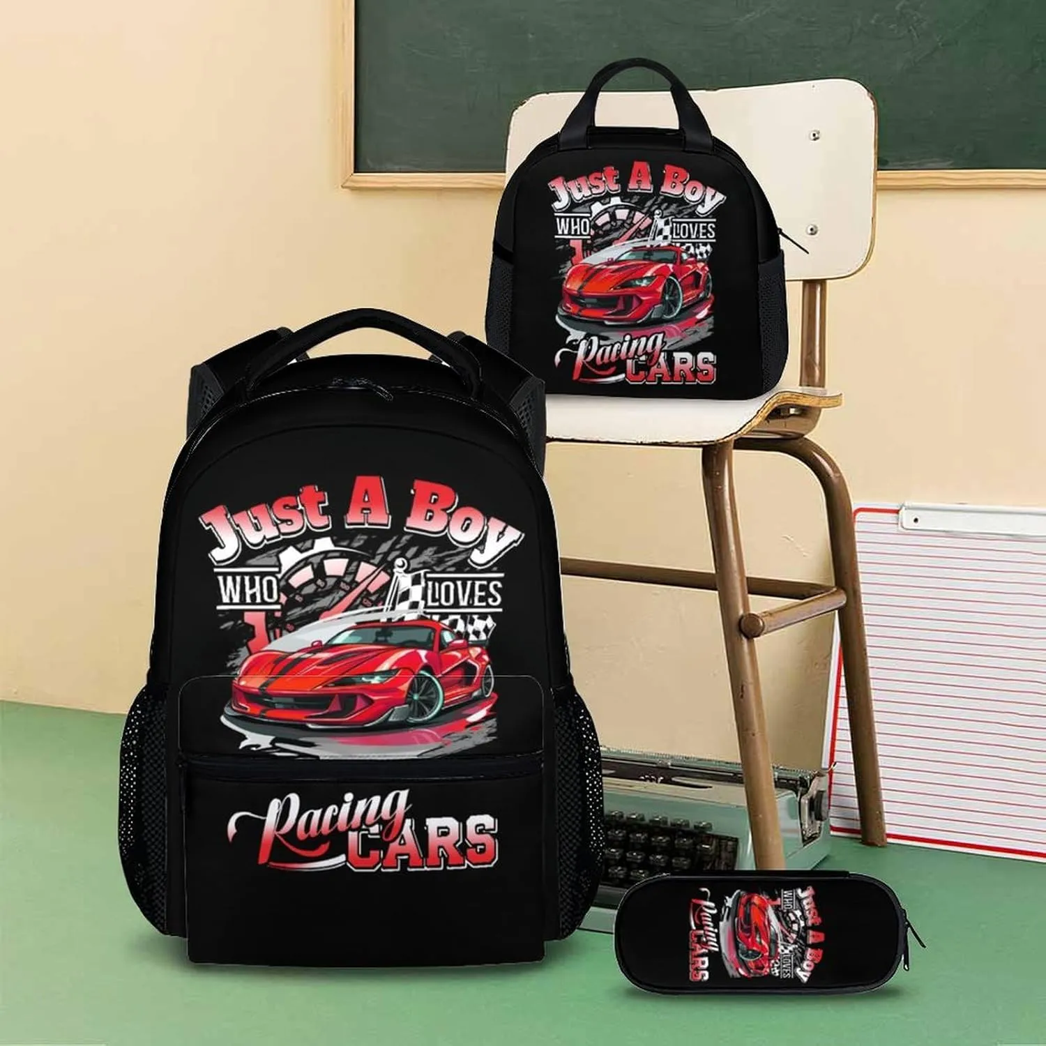 Kids Backpack Set - 3 in 1 Race Car School Backpacks Matching Combo for Boys Students - Car Bookbag and Pencil Case Bundle for Preschool Elementary - Schoolbag and Pencil Case Set Gifts