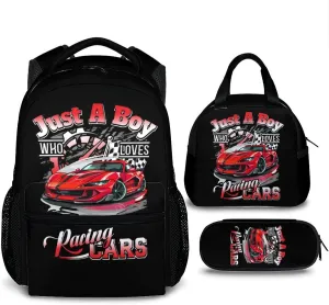 Kids Backpack Set - 3 in 1 Race Car School Backpacks Matching Combo for Boys Students - Car Bookbag and Pencil Case Bundle for Preschool Elementary - Schoolbag and Pencil Case Set Gifts