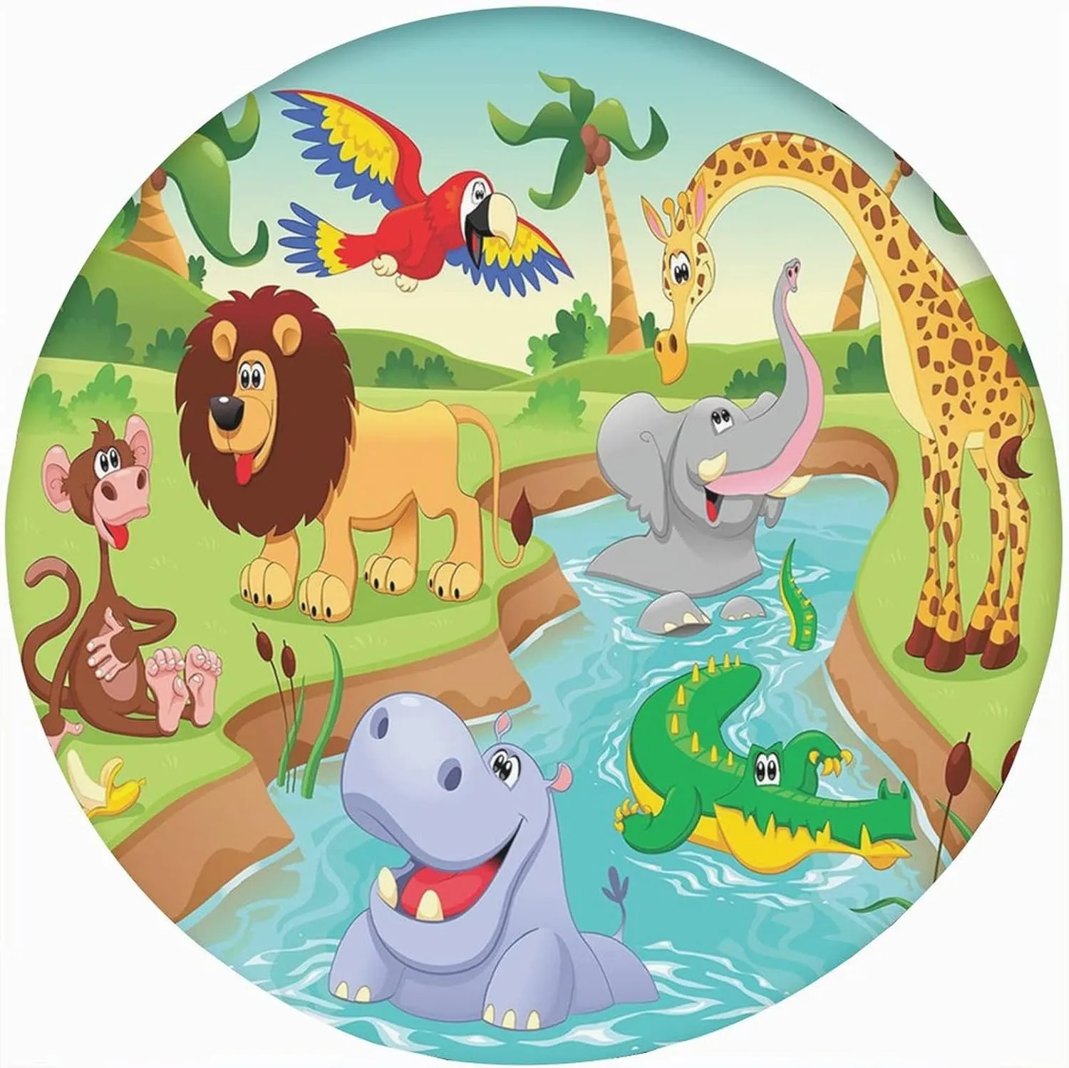 Kids Decor Round Fitted Tablecloth Cover,Cartoon African Animals Swimming in Lake Print Elastic Edged Polyester Fitted Table Pad Fit Round Tables for Kitchen Dining Party-60x60 in