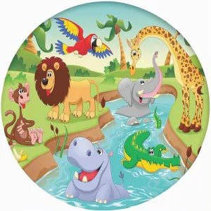 Kids Decor Round Fitted Tablecloth Cover,Cartoon African Animals Swimming in Lake Print Elastic Edged Polyester Fitted Table Pad Fit Round Tables for Kitchen Dining Party-60x60 in