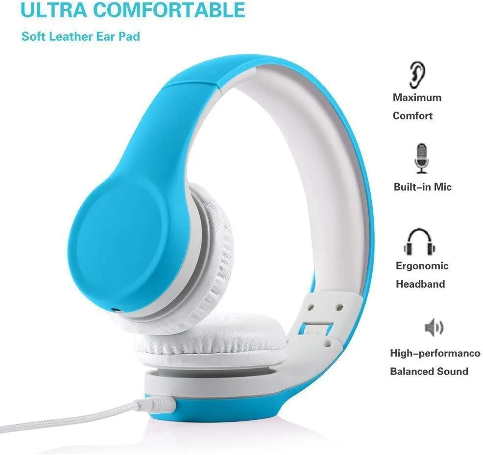 Kids Headphones with Cord, Toddler Headphones with Sharing Function, 85dB/93dB Safe Volume Limit, for Toddler Children Baby Boys Girls On-line Study, School, Travel use (Blue)