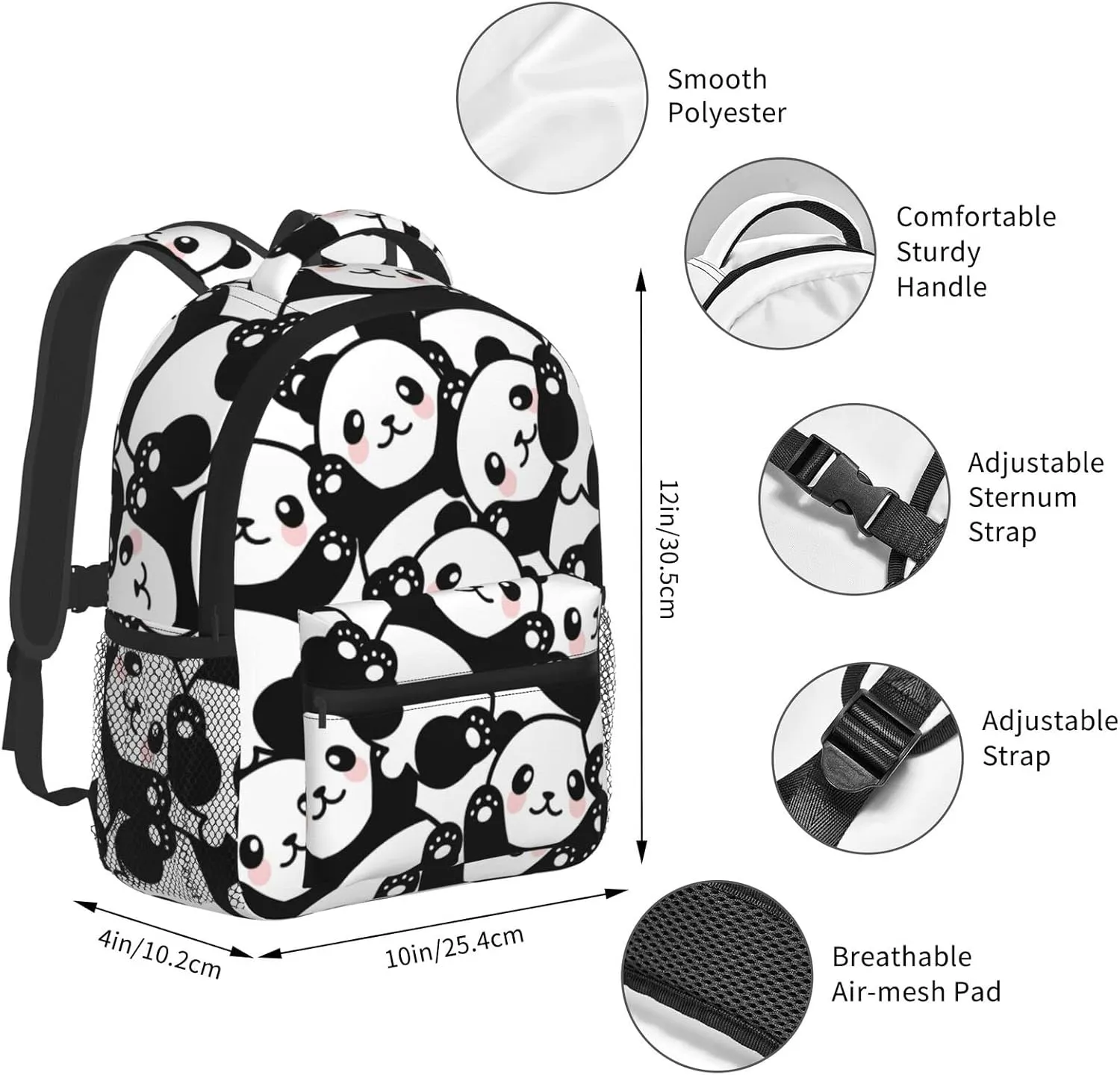 Kid's Mini Backpack 12 inch Blak White Panda Bear Pattern Backpack Schoolbag Preschool Kindergarten Children Bag Nursery Travel Bag for Toddler Boys Girls Age 3-7