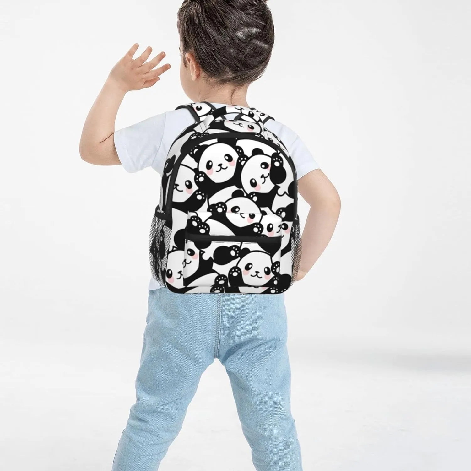 Kid's Mini Backpack 12 inch Blak White Panda Bear Pattern Backpack Schoolbag Preschool Kindergarten Children Bag Nursery Travel Bag for Toddler Boys Girls Age 3-7