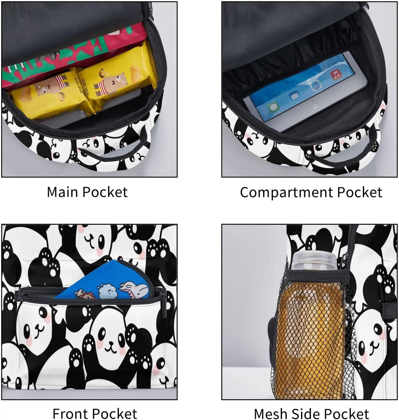Kid's Mini Backpack 12 inch Blak White Panda Bear Pattern Backpack Schoolbag Preschool Kindergarten Children Bag Nursery Travel Bag for Toddler Boys Girls Age 3-7