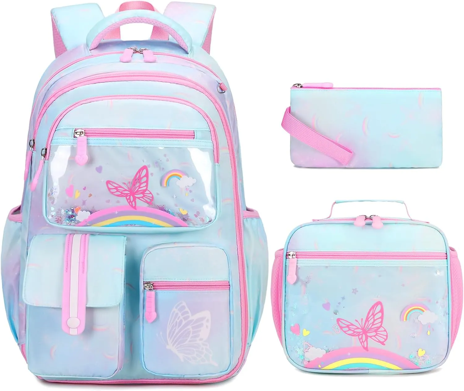 Kids School Backpack for Girls, Bookbag Backpack with Lunch Box & Pencial Pouch Set for Girls Kids Teens Elementary Middle School Student, Girl Backpack for School (Green Rainbow)