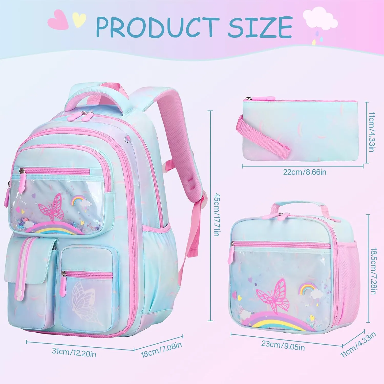 Kids School Backpack for Girls, Bookbag Backpack with Lunch Box & Pencial Pouch Set for Girls Kids Teens Elementary Middle School Student, Girl Backpack for School (Green Rainbow)
